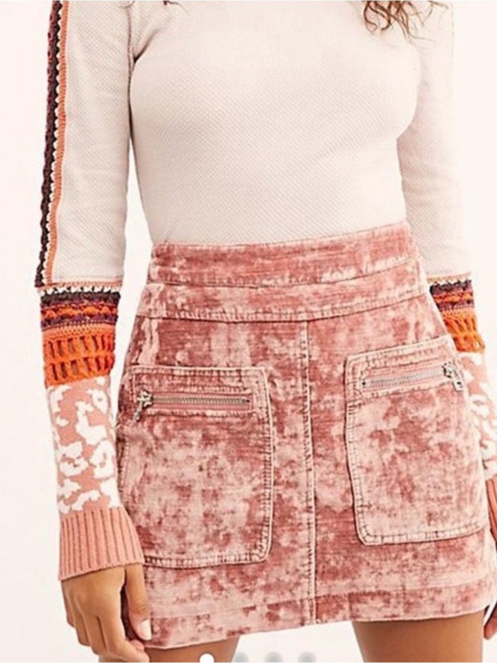 Free People dust to dust crushed Velvet Mini Skirt rose front zip pockets size 6 - Picture 2 of 8